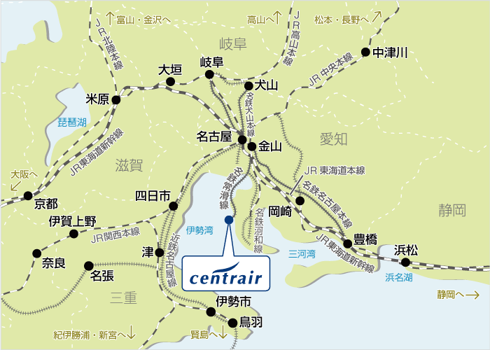 中部国際空港周辺路線図（出典：中部国際空港公式Webサイト）