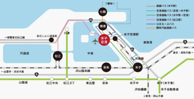 空港起点のバス路線図（米子鬼太郎空港公式サイトより）